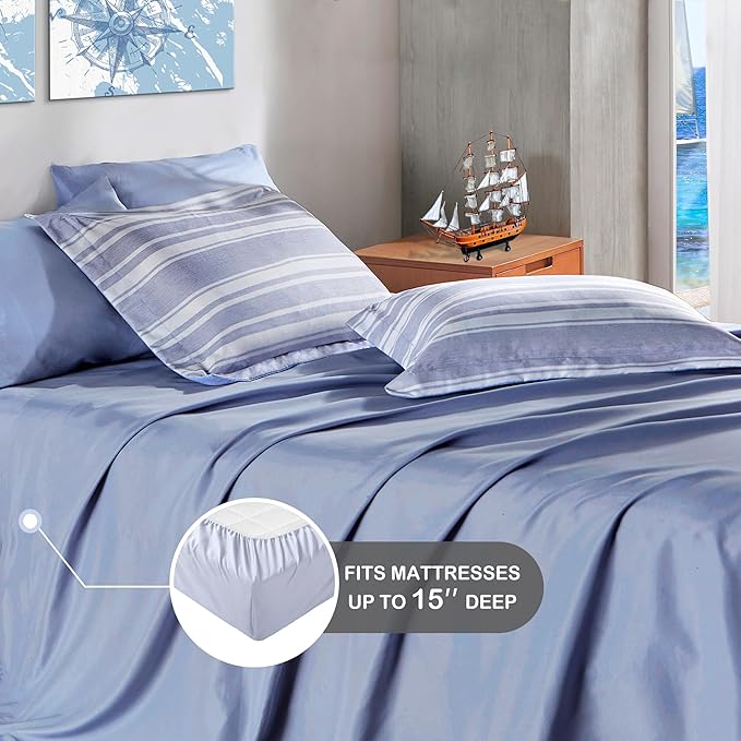 Full Size Comforter Set with Sheets, Modern Blue and White Striped Bed in a Bag, 7-Piece Complete Bedding Set Including Reversible Comforter, 2 Sheets, Pillowcases & Shams - LeafyLoom