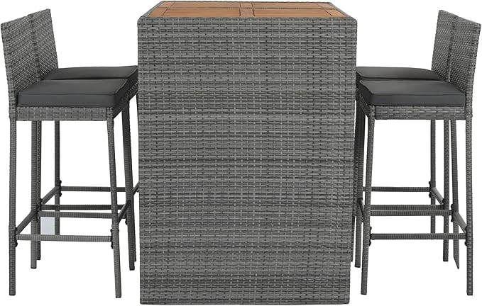 Outdoor Dining Set for 4, Rattan Patio Table with Acacia TableTop, Bar-Height Chairs, Fixed Rope, Removable Cushion, Garden Furniture, Onesize, Brown Wood+Gray Wicker - LeafyLoom