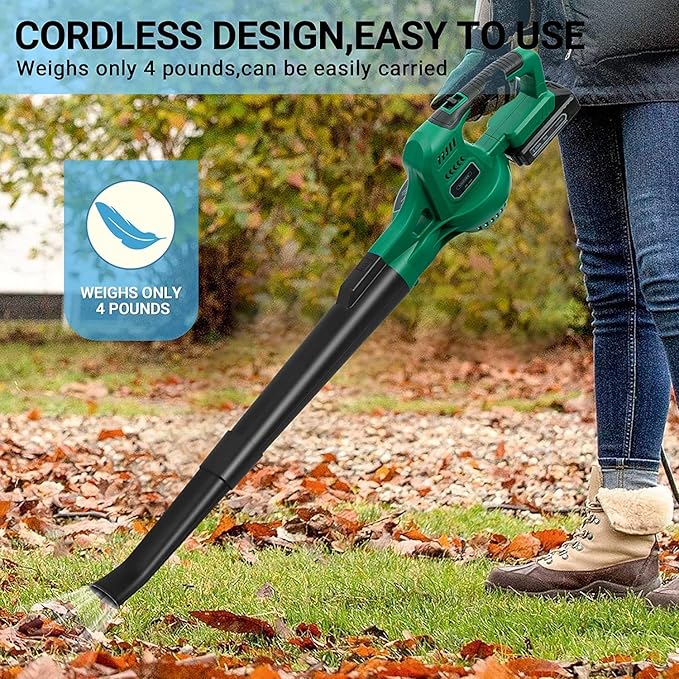 20V Cordless Leaf Blower with Battery and Charger, Leaf Blower Battery Operated, Rechargeable Electric Handheld Leaf Blower Variable Speed with 2 Tubes for Patio, Leaves Blowing-Green - LeafyLoom