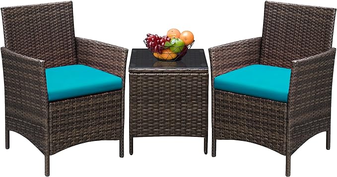 Greesum 3 Pieces Patio Furniture Sets Outdoor PE Rattan Wicker Chairs with Soft Cushion and Glass Coffee Table for Garden Backyard Porch Poolside, Brown and Blue - LeafyLoom