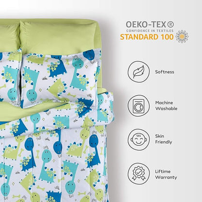 SLEEP ZONE Kids Bedding Comforter Set Full/Queen Size - Super Cute & Soft Kids Bedding 7 Pieces Set with Comforter, Sheet, Pillowcase & Sham (Cute Dino) - LeafyLoom