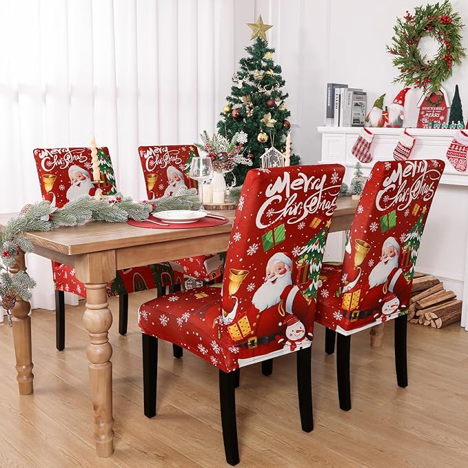 U'Artlines Christmas Chair Covers Set of 6, Removable Washable Merry Christmas Dining Chair Seat Covers Stretch Protector Slipcovers for Dining Room Kitchen Holiday Party Decor, Santa Claus UArtlines