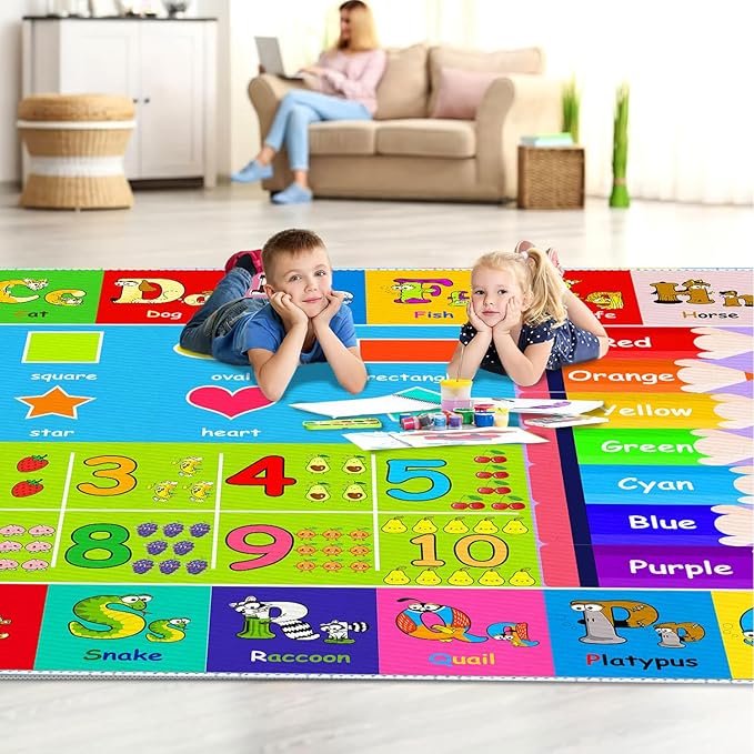 Kids Alphabet Play Game Rug - 7'x10' ABC Numbers and Shapes Educational Learning Toddler Carpet - Kids Room Playroom Classroom Kindergarten Activity Fun Soft Non-Slip Mat - LeafyLoom