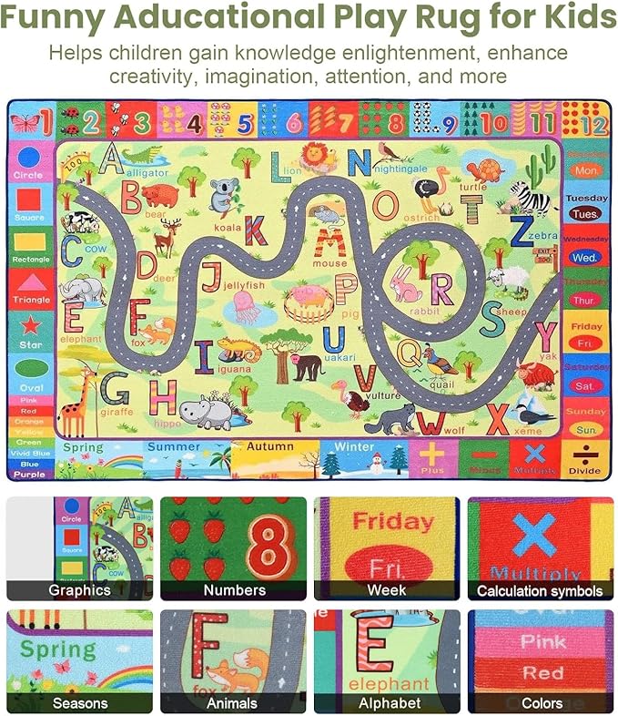 Terrug Kids Rugs for Playroom, Educational Classroom Rug for Kids Room, Washable Nursery Rug Carpet Non Slip Playroom Rug Play Mat for Learning ABC Rug, Numbers, Animal, Colors, Season, 4X6 Feet - LeafyLoom