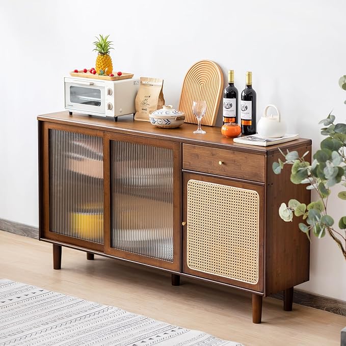 Tiita Bamboo Sideboard Buffet Cabinet, Rattan Kitchen Storage Cabinet with Drawer, Boho Coffee Bar Tables for Kitchen Living Room Hallway Office, Walnut - LeafyLoom