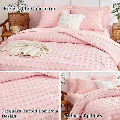 7 Pieces Tufted Dots Bed in a Bag King Comforter Set with Sheets Pink , Soft and Embroidery Shabby Chic Boho Comforters, Solid Color with Pom Pom Design, Jacquard Tufts Bedding Set for All Season - LeafyLoom