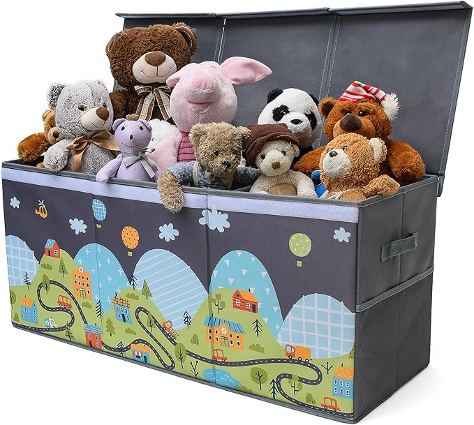 Extra Large Toy Storage Organizer with Lid - Sturdy, Collapsible Toy Chest Storage Box with Cute Design - Toys Bin with Dividers for Kids, Boys, Girls, Nursery, Bedroom, Play room 37"x16"x14" - LeafyLoom