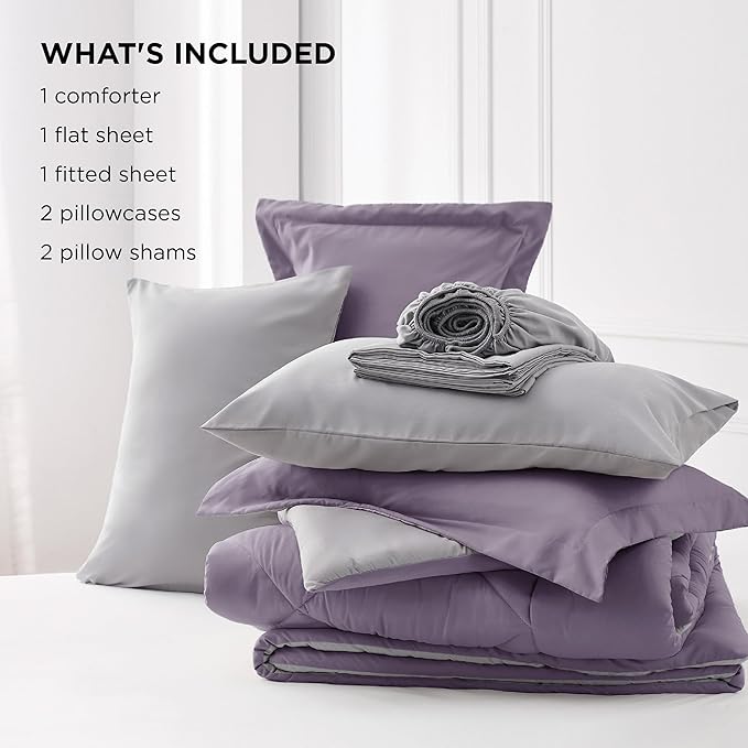 Bedsure Grayish Purple California King Size Comforter Set - 7 Pieces Reversible Cal King Bed in a Bag, Cal King Grayish Purple and Grey Bed Set with Comforters, Sheets, Pillowcases & Shams - LeafyLoom