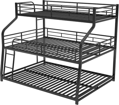 Twin XL/Full XL/Queen Triple Bunk Bed with Long and Short Ladder and Full-Length Guardrails,Metal Bed-Frame for Bedroom/Living Room/Apartment,Guest-Room,Black - LeafyLoom