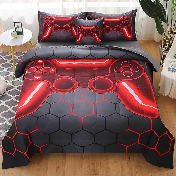 JQinHome Full Gamer Comforter Set for Boys Girls Kids,6 Piece Bed in A Bag 3D Video Game Bedding -All Season Soft Microfiber Down Alternative Comforter Gamer Bedding Sets with Sheets （Red） - LeafyLoom