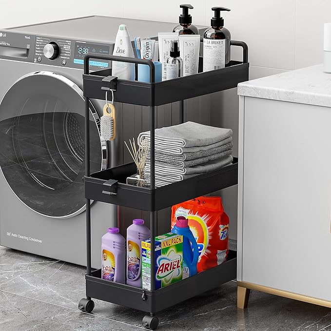 Ronlap 3 Tier Classic Storage Rolling Cart, Slim Storage Cart with Wheels Slide Out Storage Rolling Cart Organizer Plastic Utility Carts for Bathroom Laundry Room Kitchen Office Narrow Place, Black - LeafyLoom