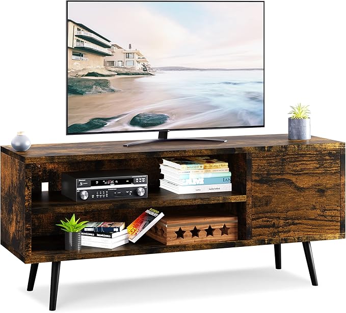 Shintenchi Mid Century Modern TV Stand for TVs up to 55 inches, Wood TV Console Table Media Cabinet with Storage, Entertainment Center for Living Room Bedroom, Rustic Brown - LeafyLoom