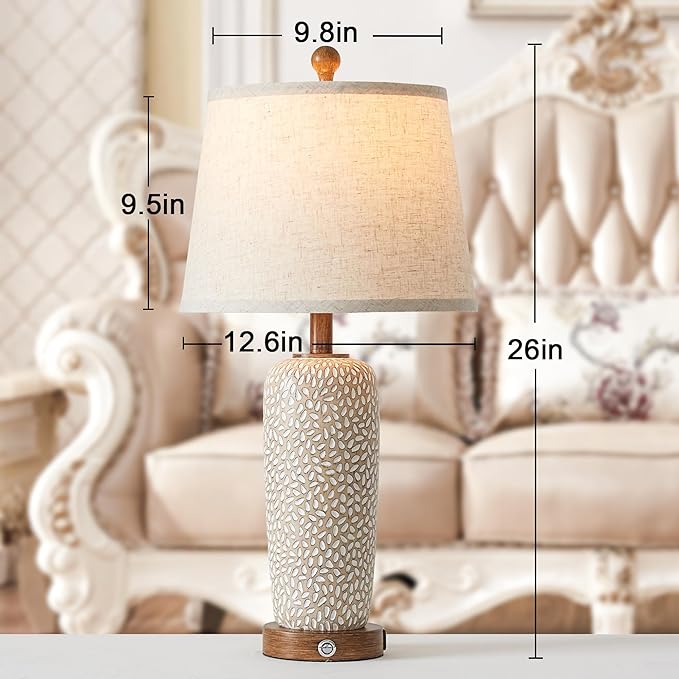 Touch Lamps for Bedrooms Set of 2, 26'' Farmhouse Table Lamps for Living Room Boho Bedside Lamp with Dual USB Charging Ports, 3-Way Dimmable Coastal Nightstand Lamp with White Fabric (Bulb Included) - LeafyLoom