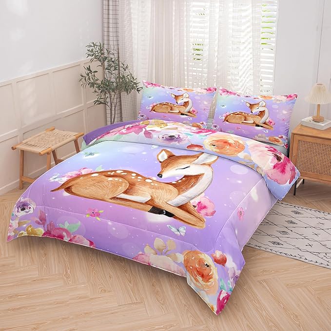 NINENINE Cute Deer Bedding for Girls Kawaii Deer Comforter Sets for Girls,Pink Deer Bedding Twin Bedding Set for Kids Girls,Watercolor Wildlife Comforter with 1 Comforter 1 Pillowcase… - LeafyLoom