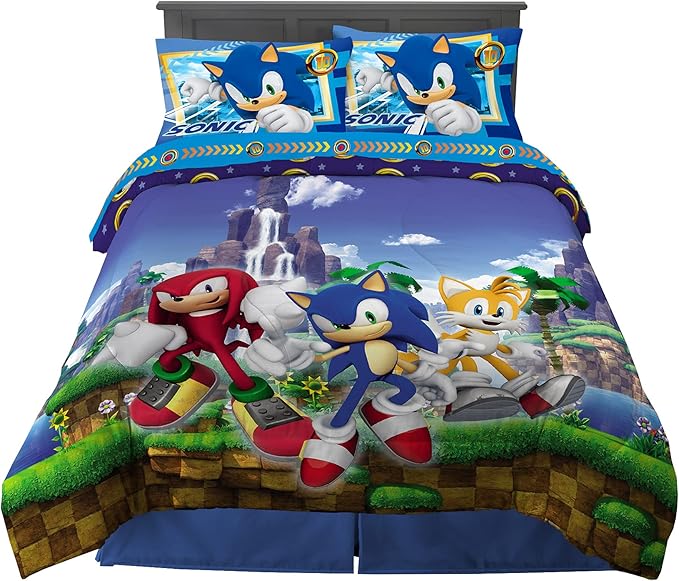 Franco Kids Bedding Super Soft Comforter and Sheet Set, 5 Piece Full Size, Sonic The Hedgehog, Anime - LeafyLoom