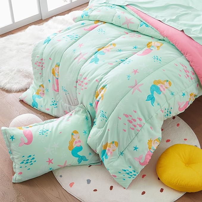 SLEEP ZONE Kids Bedding Comforter Set Full/Queen Size - Super Cute & Soft Kids Bedding 7 Pieces Set with Comforter, Sheet, Pillowcase & Sham (Mermaid Princess) - LeafyLoom