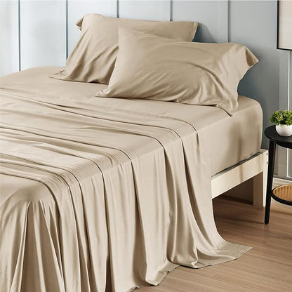 Bedsure Full Size Sheets, Cooling Sheets Full, Rayon Derived from Bamboo, Deep Pocket Up to 16", Breathable & Soft Bed Sheets, Hotel Luxury Silky Bedding Sheets & Pillowcases, Beige - LeafyLoom