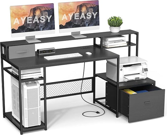 Home Office Desks with Drawers, 66‘’ Computer Desk with Storage, Office Desk with Monitor Stand, Work Desk with Outlets and USB, Gaming Table Desk with File Cabinet for Home Office Table, Black - LeafyLoom