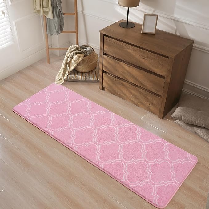 Chicrug Shag Geometric Modern Runner Rug for Bedroom, 2x6 Feet Memory Foam Indoor Hallway Runner Carpet, Fluffy Rug for Living Room Bedside Room Decor for Family, Pink/White - LeafyLoom