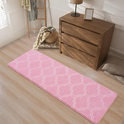 Chicrug Shag Geometric Modern Runner Rug for Bedroom, 2x6 Feet Memory Foam Indoor Hallway Runner Carpet, Fluffy Rug for Living Room Bedside Room Decor for Family, Pink/White - LeafyLoom