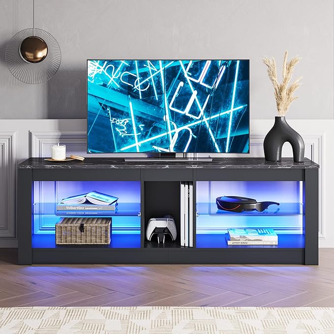 Bestier Entertainment Center LED Gaming TV Stand for 55+ Inch TV Adjustable Glass Shelves 22 Dynamic RGB Modes TV Cabinet Game Console PS4, Black Marble - LeafyLoom