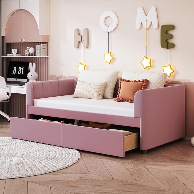 Modern Twin Size Upholstered Daybed Frame with Storage Drawers, Elegant Velvet Fabric Sofa Bed with Ergonomic Design Backrest and Armrests, No Box Spring Needed, Pink - LeafyLoom