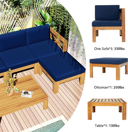 5-Piece Outdoor Patio Furniture Sectional Sets, Wooden L-shaped Corner Sofa Seating with Tea Table and Removable, Backyard Gardern Deck, Natural Finish+ Blue Cushions - LeafyLoom