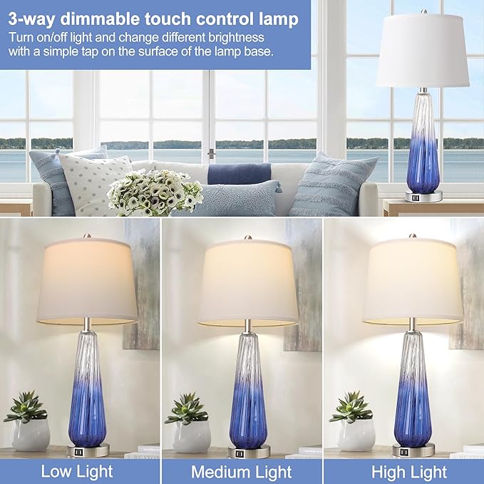 QiMH Table Lamps Set of 2 with Touch Control, 3-Way Dimmable Modern Glass Bedside Lamps with 2 USB Ports, Nightstand Lamp with White Fabric Shade, 27.5" Large Lamps for Living Room Bedrooms Decor - LeafyLoom