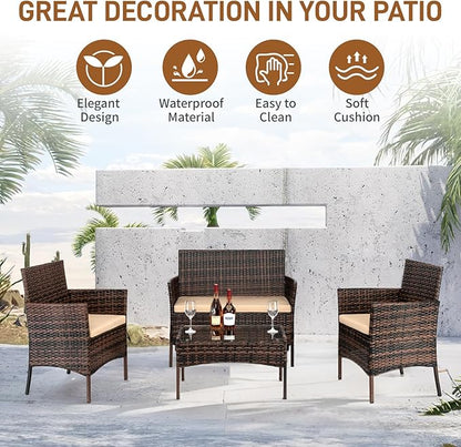 Outvita 4 Pieces Patio Furniture Set, Rattan Conversation Sets with Loveseat Soft Cushion and Glass Table for Garden Backyard Balcony Porch Poolside(Brown Gradient) - LeafyLoom