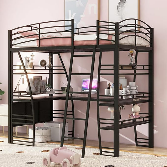 RITSU Twin Size Loft Bed with Storage 4 Layers Shelves and L-Shaped Desk, Strong Metal Bedframe, USB Ports Sockets and Wireless Charging, for Children's Room, Teens, Black - LeafyLoom