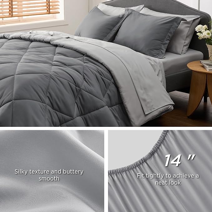 Bedsure Dark Grey California King Size Comforter Set - 7 Pieces Reversible California King Bed in a Bag, California King Dark Grey Bed Set with Comforters, Sheets, Pillowcases & Shams - LeafyLoom