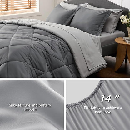 Bedsure Dark Grey Twin XL Comforter Set - 5 Pieces Reversible Twin XL Bed in a Bag for College, Extra Long Twin Bed Set Dark Grey with Comforters, Sheets, Pillowcase & Sham - LeafyLoom