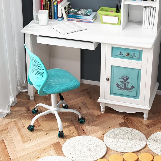 Kids Desk Chair, Ergonomic Kids Office Chair Ages8-12 w/Lumbar Support, Low-Back Teen Desk Chair for Girls Boys, Small Cute Kids Computer Chair for Bedroom/Study/Vanity Desk, Turquoise - LeafyLoom