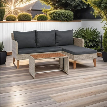 3-Piece Outdoor PE Rattan Furniture Set, Patio Wicker Conversation Loveseat Sofa Sectional Couch with Thick Cushion for Backyard, Deck, Poolside, Zn-Dark Grey - LeafyLoom