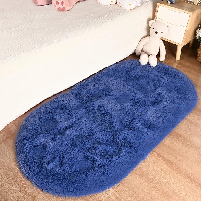 Merelax Soft Shaggy Rug for Kids Bedroom Oval 2.6'x5.3' Light Navy Plush Fluffy Carpet for Living Room, Furry Carpet for Teen Girls Room, Anti-skid Fuzzy Comfy Rug for Nursery Decor Cute Baby Play Mat - LeafyLoom