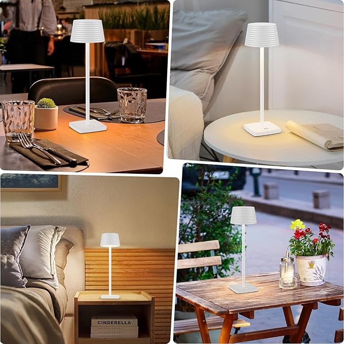 Rechargeable Cordless Table Lamp, Battery 5000mAh Metal Aluminum Housing USB LED Portable Powered Desk Lamp, 3 Levels Brightness Night Light for Restaurants Bars Outdoor (White) - LeafyLoom