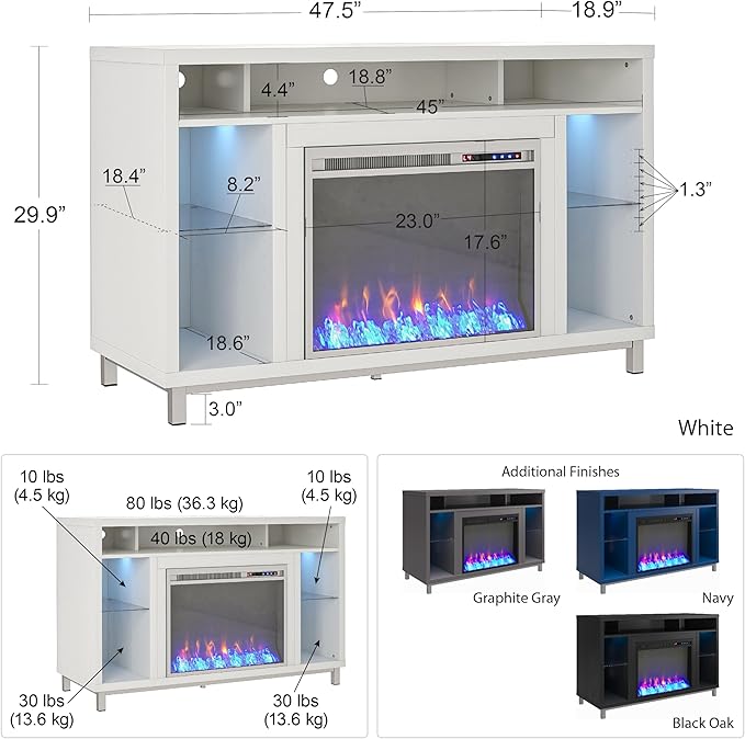 Ameriwood Home Lumina Fireplace TV Stand for TVs up to 48 Inch, Replaceable Electric Fireplace Insert Heater, Remote Control, Timer, Color Changing LED Lights, Crystal Ember Flames, White - LeafyLoom