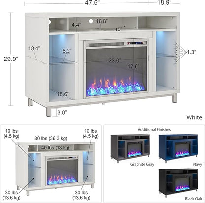 Ameriwood Home Lumina Fireplace TV Stand for TVs up to 48 Inch, Replaceable Electric Fireplace Insert Heater, Remote Control, Timer, Color Changing LED Lights, Crystal Ember Flames, White - LeafyLoom