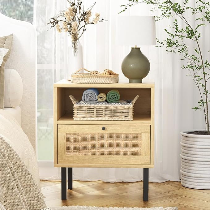 Rattan Nightstands Set of 2, Boho Night Stand with 1 Door, Accent End Table, Wood Bediside Table with Metal Legs&Open Shelf, Natural Wood - LeafyLoom