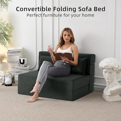 Convertible Folding Sofa Bed - Sleeper Chair with Pillow, Modern Linen Fabric Floor & Futon Couch, Foldable Mattress for Living Room/Dorm/Guest/Home Office/Apartment, Standard Size, Dark Gray - LeafyLoom