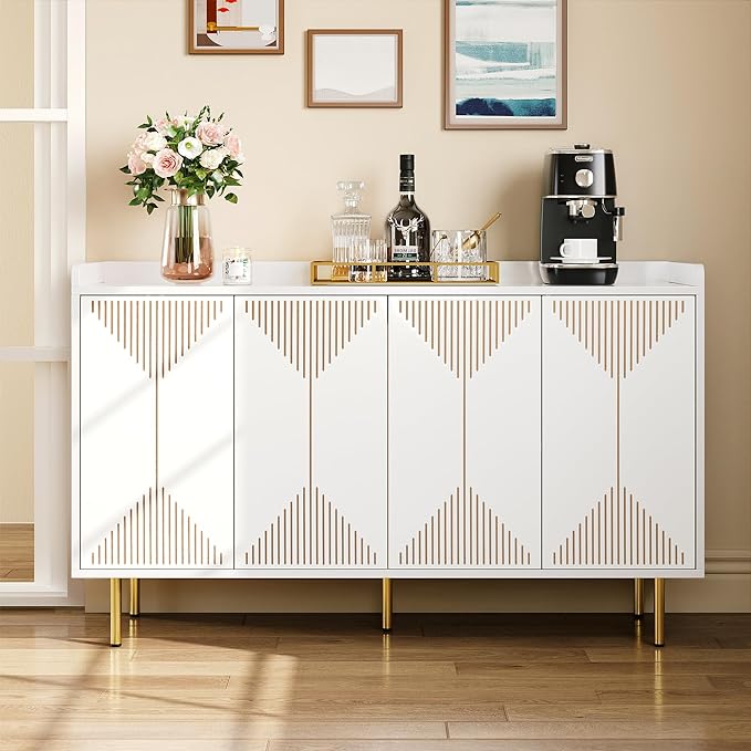 YITAHOME Sideboard Buffet, Modern Buffet Cabinet Storage Cabinet with Carved Design Doors 300 lbs Capacity for Hallway, Entryway, Kitchen or Living Room, White - LeafyLoom