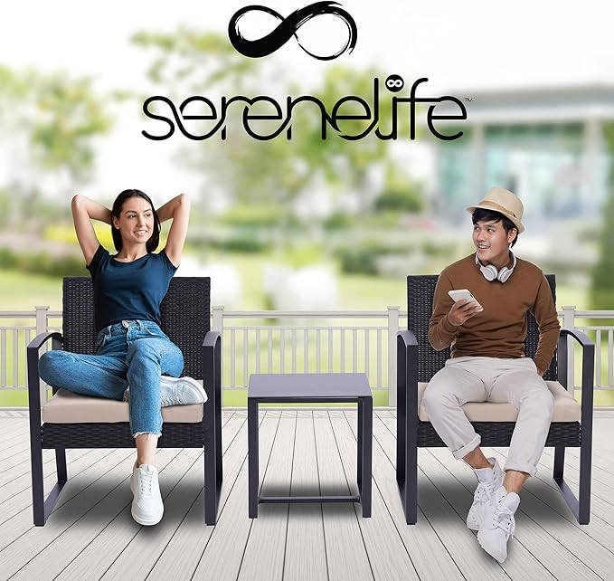 SereneLife Patio Outdoor Furniture, 3 Pcs. Per Set-includes 2 Single Chairs with Soft Cushion and 1 Glass-top Coffee Table, Black Weather-Resistant Resin Wicker Rattan, Brown - LeafyLoom