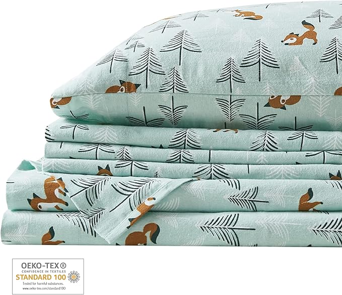 Comfort Spaces Cotton Flannel Breathable Warm, Deep Pocket Sheets with Pillow Case Bedding, Queen, Seafoam Foxes 4 Piece - LeafyLoom