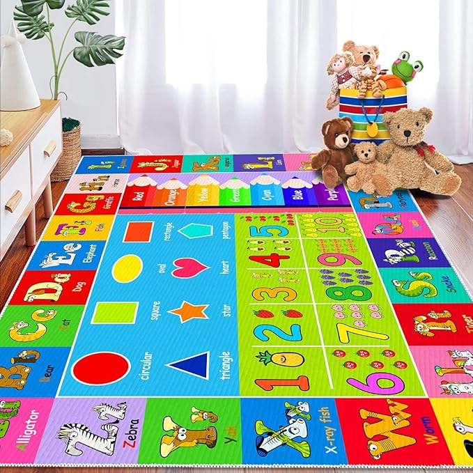 Kids Alphabet Play Game Rug - 6'x9' ABC Numbers and Shapes Educational Learning Toddler Carpet - Kids Room Playroom Classroom Kindergarten Activity Fun Soft Non-Slip Mat - LeafyLoom