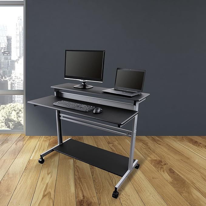 Stand Up Desk Store Rolling Adjustable Height Two Tier Standing Desk Computer Workstation (Silver Frame/Black Top, 48" Wide) - LeafyLoom