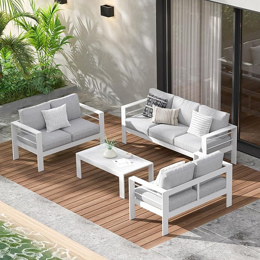 Wisteria Lane Aluminum Outdoor Patio Furniture Set, Modern Patio Conversation Sets, Outdoor Sectional Metal Sofa with 5 Inch Cushion and Coffee Table for Balcony, Garden, Light Grey - LeafyLoom