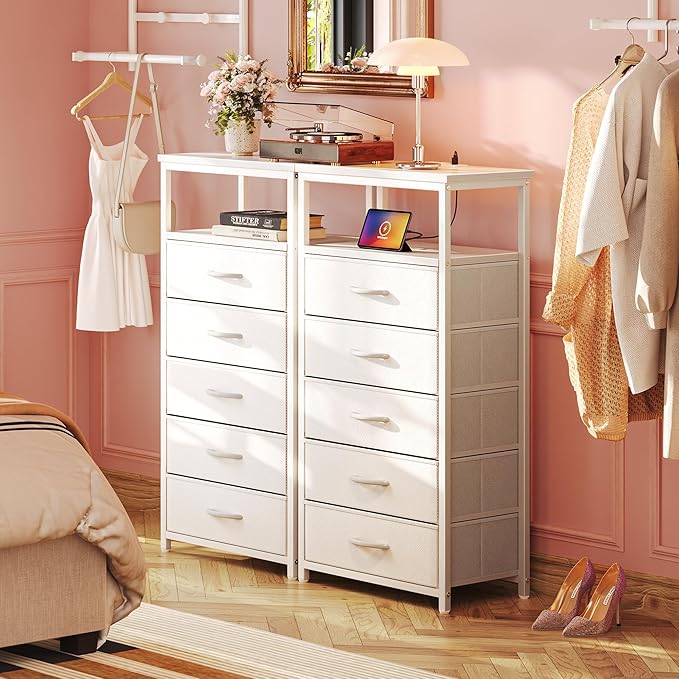 5 Drawers Dresser with Charging Station, Dresser for Bedroom, Tall Night Stand, Chest of Drawers with PU Leather Finish, Open Shelf, Bedside Table Nightstand, for Entryway, White - LeafyLoom