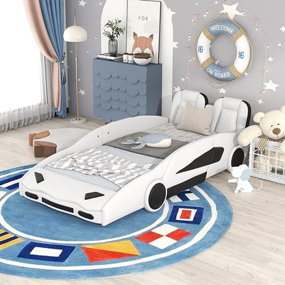 Twin Size Boys Car Bed,Race Car-Shaped Platform Wooden Bedframe with Wheels & Both Sides,Slat Support,Toy Furniture for Kids Toddlers Child's Bedroom,White - LeafyLoom