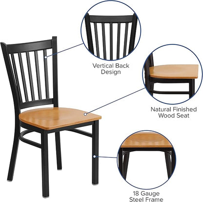 Flash Furniture HERCULES Series Black Vertical Back Metal Restaurant Chair - Natural Wood Seat - LeafyLoom