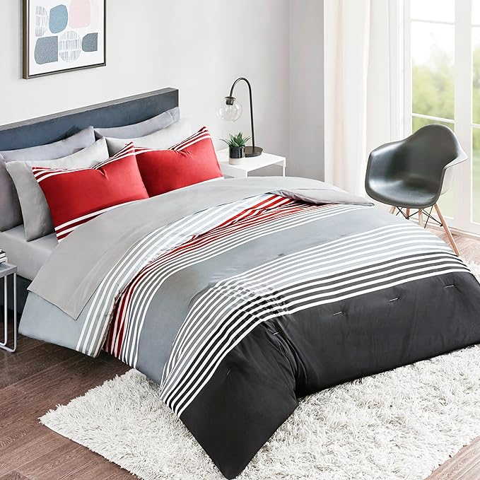 Comfort Spaces Queen Comforter Sets with Sheets - Bed in a Bag 9 Pieces Teen Bedding Sets Queen, Red and Grey Stripes Bedding Queen, College Queen Bed Set with 2 Side Pockets Bedroom Organizer - LeafyLoom